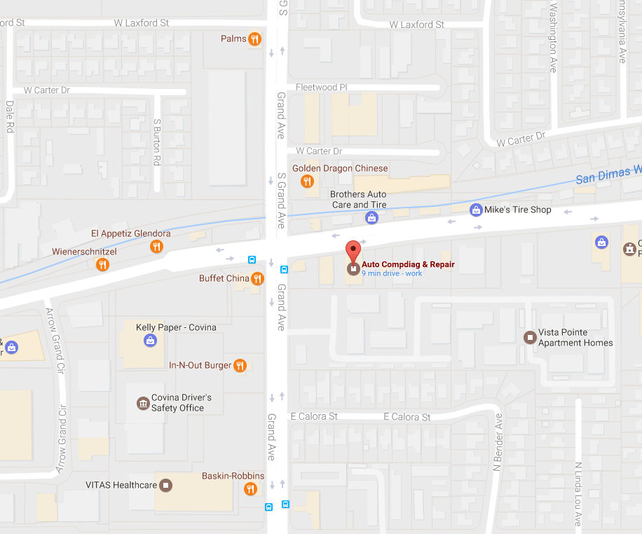 Map showing Auto Comp Diag and Repair location at 934 E Arrow Highway, Covina, California